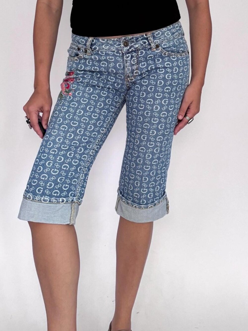 Y2K vintage GUESS logo mongoram bedazzled blue denim low rise capris long shorts